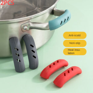 Set of 2 heat-resistant silicone pot handle covers for safe handling of hot cookware.