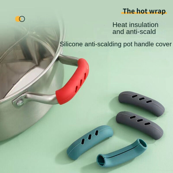 Set of 2 heat-resistant silicone pot handle covers for safe handling of hot cookware.