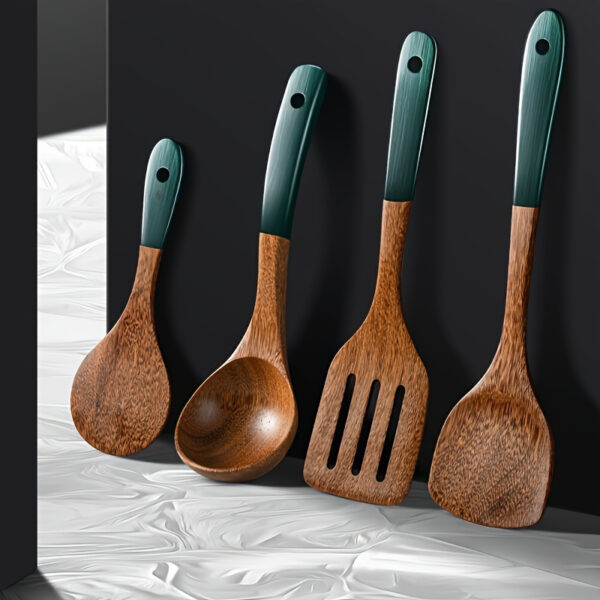 Premium Wenge wood kitchen utensils set, solid and slotted spatulas with green handles, mahogany wooden rice spoon set.