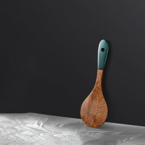 Premium Wenge wood kitchen utensils set, solid and slotted spatulas with green handles, mahogany wooden rice spoon set.