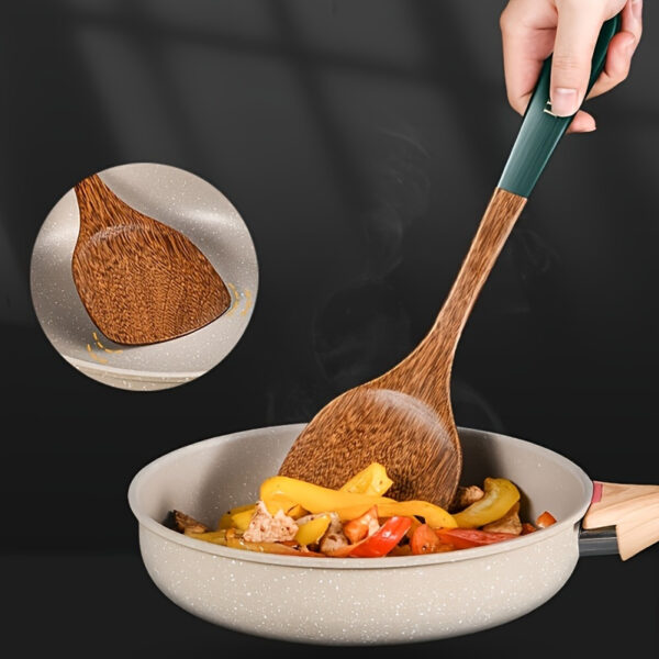 Premium Wenge wood kitchen utensils set, solid and slotted spatulas with green handles, mahogany wooden rice spoon set.