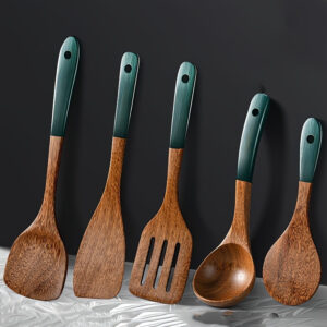 Premium Wenge wood kitchen utensils set, solid and slotted spatulas with green handles, mahogany wooden rice spoon set.