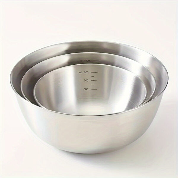 1Pc Stainless Steel Mixing Bowl with Measuring Guide for precise ingredient mixing and measuring.