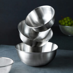 1Pc Stainless Steel Mixing Bowl with Measuring Guide for precise ingredient mixing and measuring.