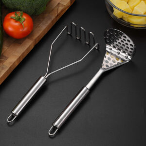 Stainless steel potato masher and press with a sturdy handle, designed for smooth, lump-free mashed potatoes.