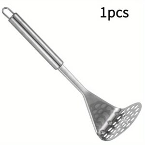 Stainless steel potato masher and press with a sturdy handle, designed for smooth, lump-free mashed potatoes.