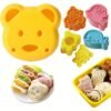 Cartoon animal sandwich cutter set with bento and holiday-themed molds for fun, shaped sandwiches.