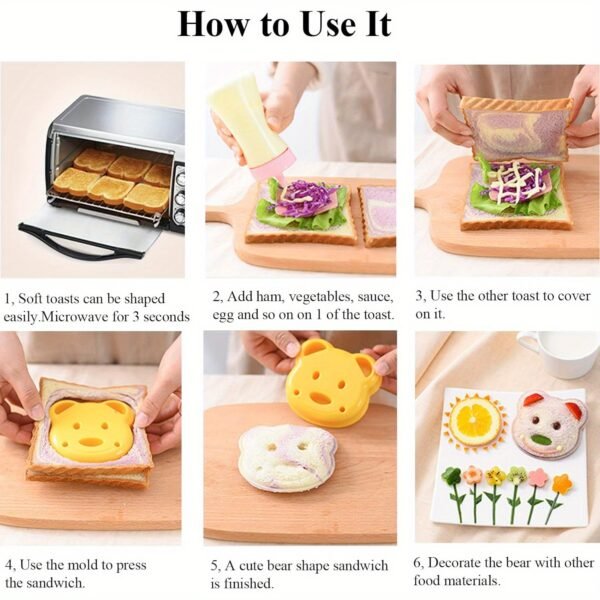 Cartoon animal sandwich cutter set with bento and holiday-themed molds for fun, shaped sandwiches.