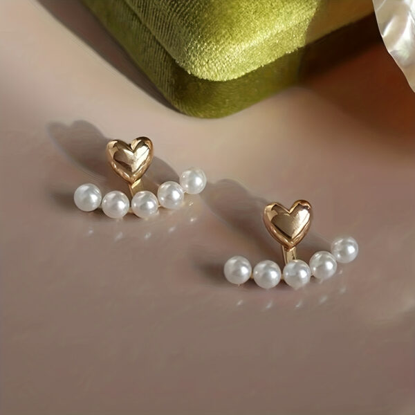 Elegant alloy heart-shaped stud earrings with faux pearls, versatile double-wear design, ideal for Christmas and Thanksgiving gifts.