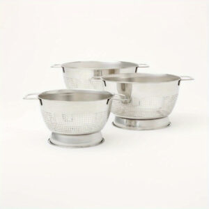 Stainless steel colander set including 1.5QT and 5QT sizes for straining and draining food.