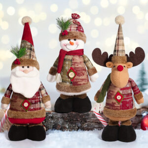 3-piece festive Christmas decorations set featuring a retro Santa Claus, a cheerful snowman, and a whimsical reindeer in vibrant holiday colors.