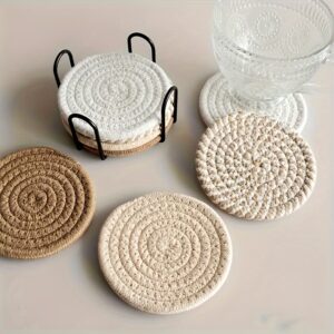 4-piece set of linen blend woven coasters, round and heat-resistant, suitable for drinkware and tableware with a diameter under 11.0 cm.