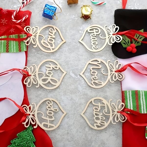 6-piece set of Christmas tree wooden ornaments, hollow-cut with inspirational words (Peace, Faith, Joy, Noel, Love, Hope) – festive wood decor.