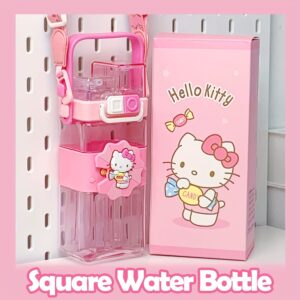 Sanrio Hello Kitty leak-proof square water bottle with straw, flip cap, and handle, portable sports bottle for girls, perfect for school and outdoor activities.