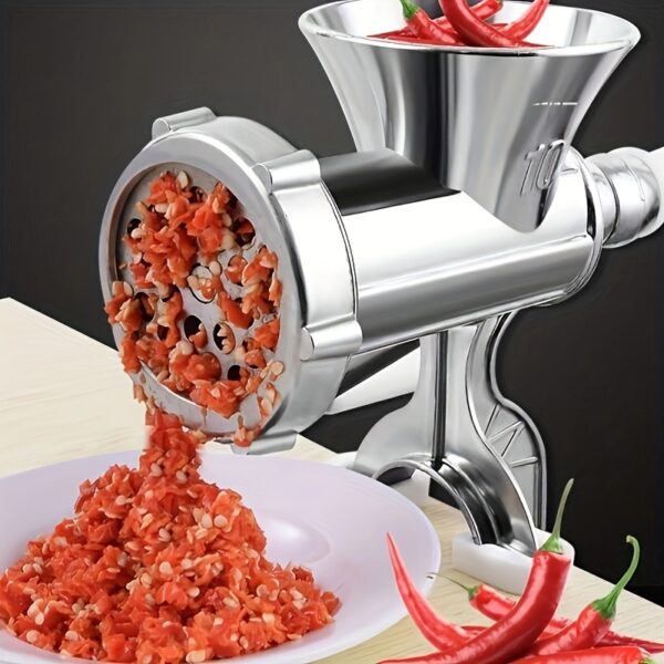 Manual Meat Grinder and Food Processor with stainless steel components and hand crank.