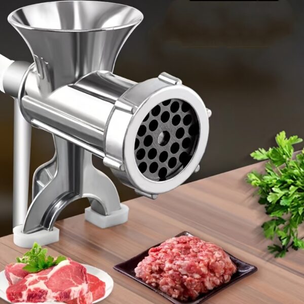 Manual Meat Grinder and Food Processor with stainless steel components and hand crank.