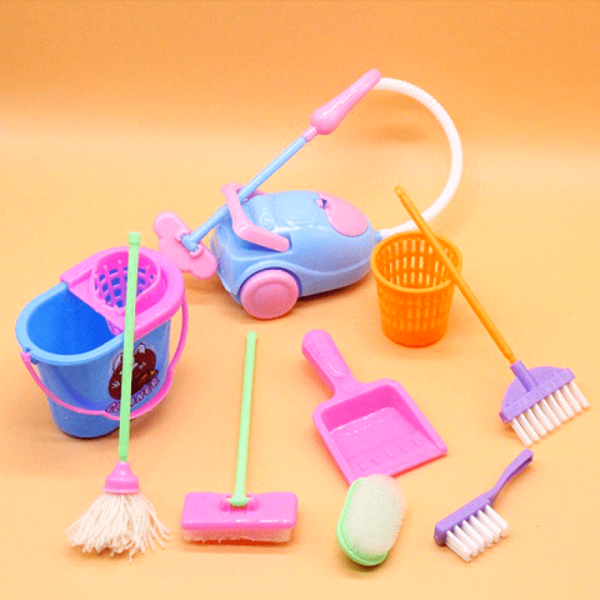 Princess dollhouse cleaning kit with 9 mini doll accessories, perfect educational toy gift for Christmas and Halloween.