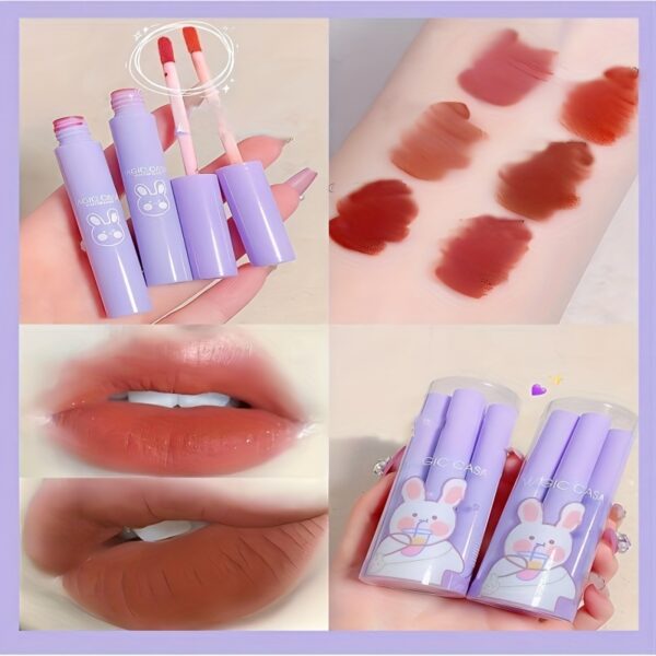 6 Pcs Waterproof Matte Velvet Lip Tint with Cartoon Bunny Print - Long-Lasting Liquid Lipstick