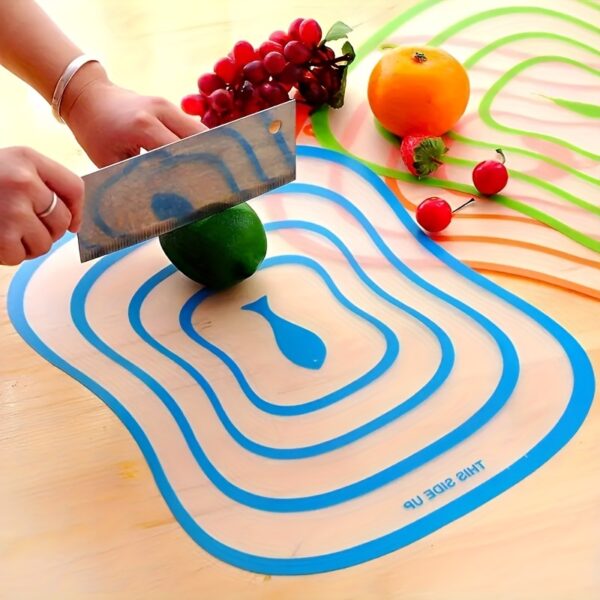 Portable, bendable cutting board designed for versatile use in the kitchen, with flexible, lightweight material.