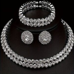 Elegant Silver Plated Jewelry Set with Rhinestones - Earrings, Necklace, and Bracelet