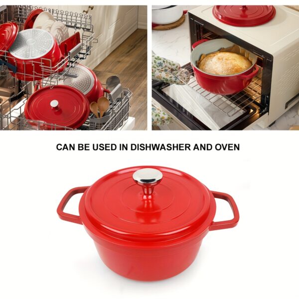 Enamel ceramic Dutch oven set with lid, heavy-duty, oven safe up to 500°F, pre-seasoned non-stick coating for baking and cooking.