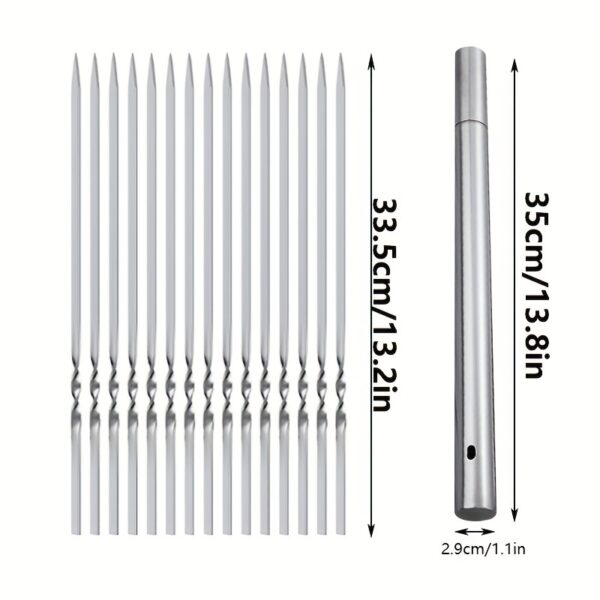 Set of 15 stainless steel BBQ skewers with flat design, ideal for grilling meat, vegetables, and more.