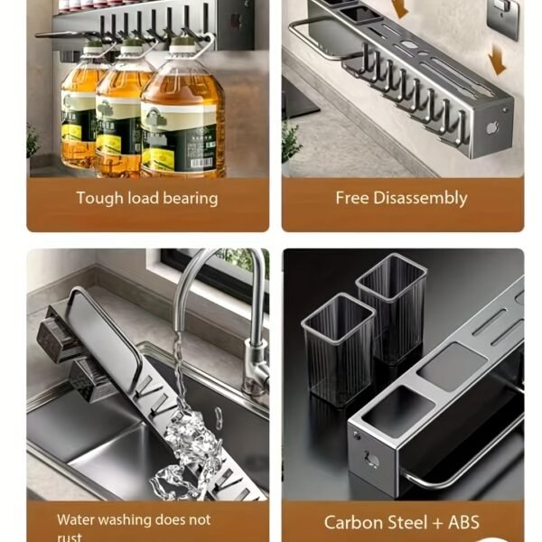 Wall-mounted carbon steel kitchen utensil holder for organizing cooking tools and utensils.