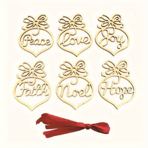 6-piece set of Christmas tree wooden ornaments, hollow-cut with inspirational words (Peace, Faith, Joy, Noel, Love, Hope) – festive wood decor.