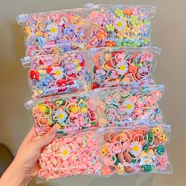 50pcs Cute Cartoon Thumb Hair Ties - Non-Damaging Elastic Rubber Bands for Styling, Plastic Material, Casual Style.