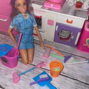 Princess dollhouse cleaning kit with 9 mini doll accessories, perfect educational toy gift for Christmas and Halloween.