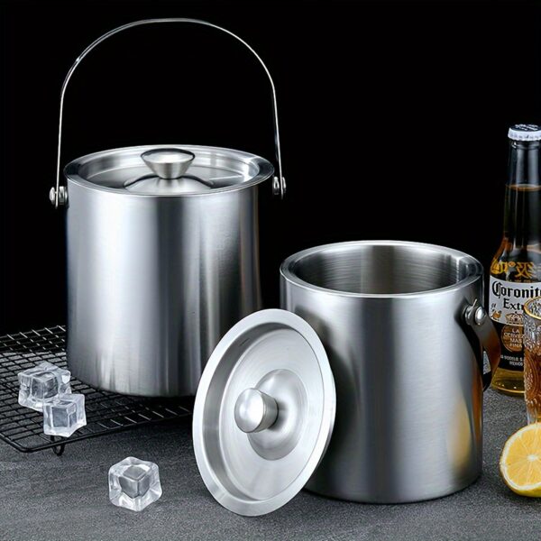 Large capacity stainless steel double-walled ice bucket with lid for champagne, beer, and wine.