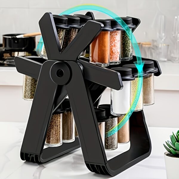 360° rotating spice rack with 18 glass jars, designed for easy access and space-saving storage.