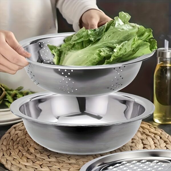 3pcs Stainless Steel Kitchen Set including slicer and strainer for efficient food preparation.