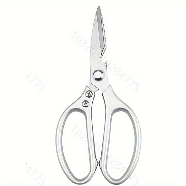 Ergonomic stainless steel kitchen scissors with comfortable handles, designed for cutting through various kitchen tasks.