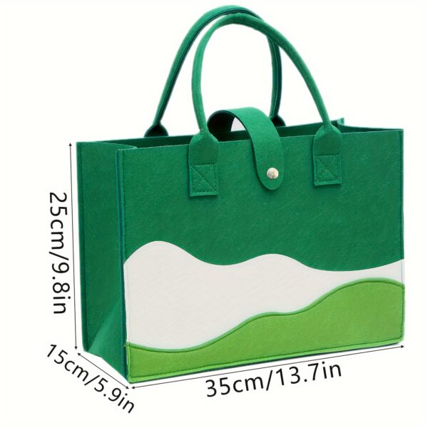 Chic colorblock felt tote bag for women with large capacity, secure closure, and wrist strap.