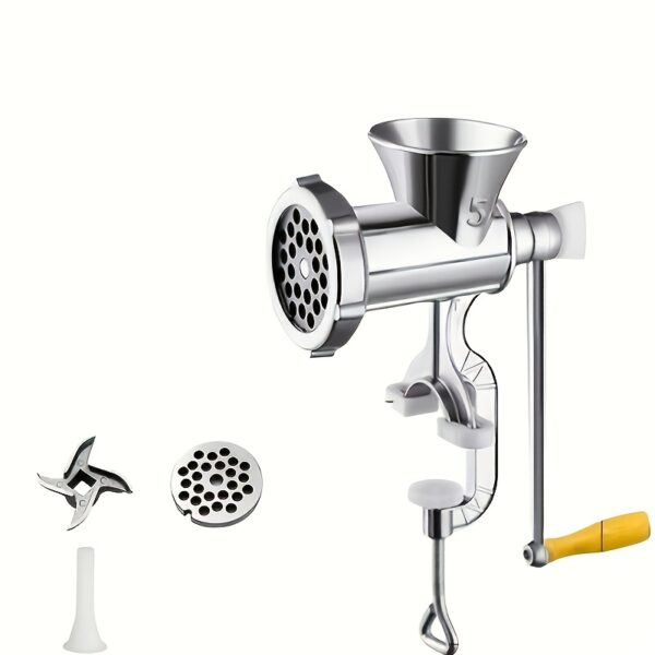 Manual Meat Grinder and Food Processor with stainless steel components and hand crank.