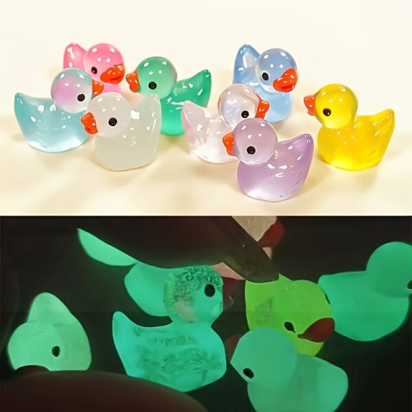 Glow-in-the-dark mini duck figurines, assorted colors, resin-crafted, available in 40/52/99pcs, perfect for party favors, Easter, Halloween, Christmas, and birthday gifts.