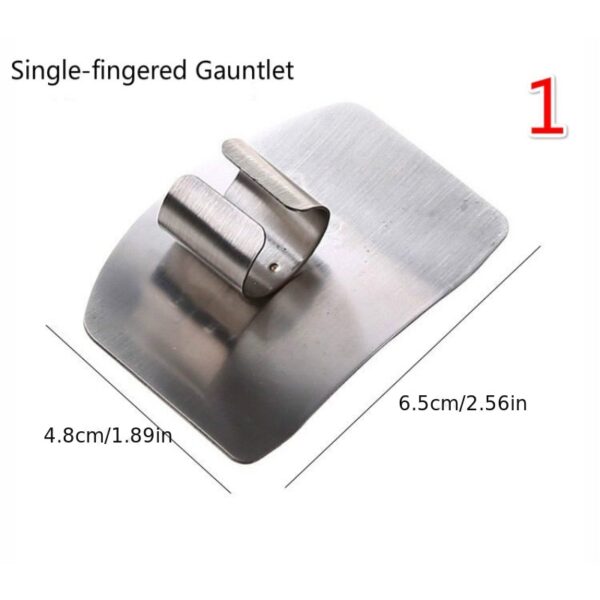 Stainless steel finger guard designed to protect fingers while slicing, with a curved, adjustable fit.