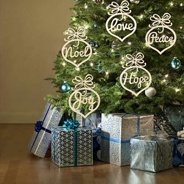 6-piece set of Christmas tree wooden ornaments, hollow-cut with inspirational words (Peace, Faith, Joy, Noel, Love, Hope) – festive wood decor.