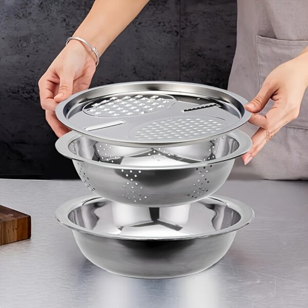 3pcs Stainless Steel Kitchen Set including slicer and strainer for efficient food preparation.