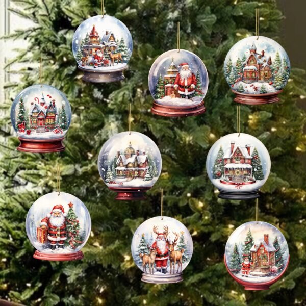 9-piece set of Christmas crystal and rustic wooden ornaments, featuring festive figures, perfect for vintage-style holiday tree and home decor.