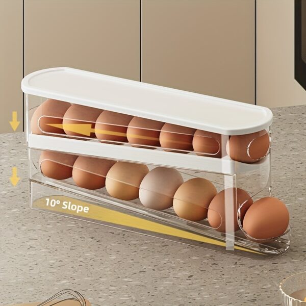 Double-layer rolling egg dispenser, automatic space-saving storage for fridge and cabinets, keeps eggs fresh, ideal for kitchen organization.