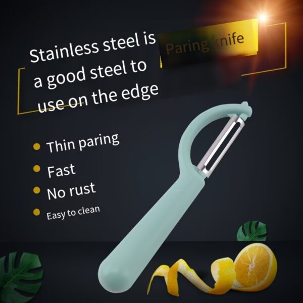 Stainless steel paring knife with multifunctional peeler for precise cutting and peeling.