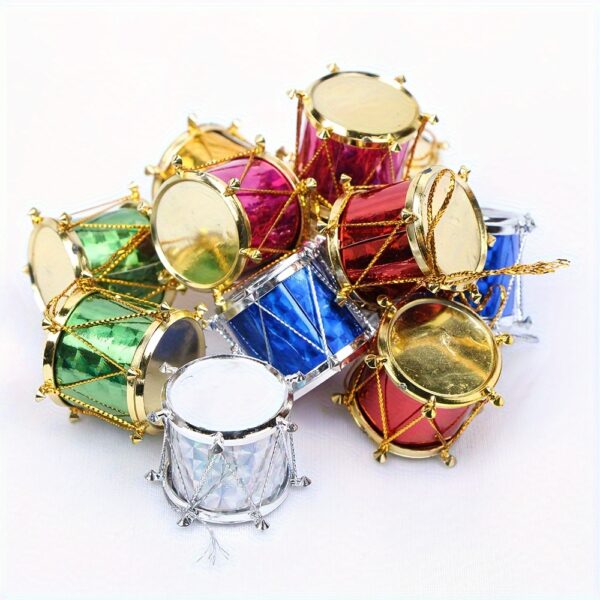 12 festive Christmas drum ornaments in mixed colors, perfect for decorating a holiday tree.