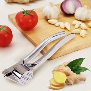 Metal garlic press, handheld manual crusher for garlic and ginger, essential kitchen tool and accessory.