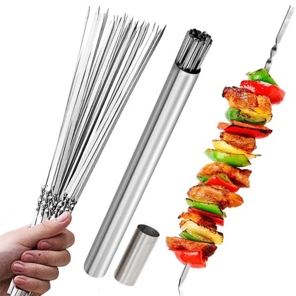 Set of 15 stainless steel BBQ skewers with flat design, ideal for grilling meat, vegetables, and more.