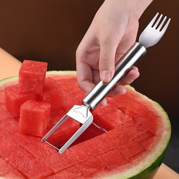 2-in-1 stainless steel watermelon slicer and fork, designed for easy and efficient cutting and serving of watermelon.