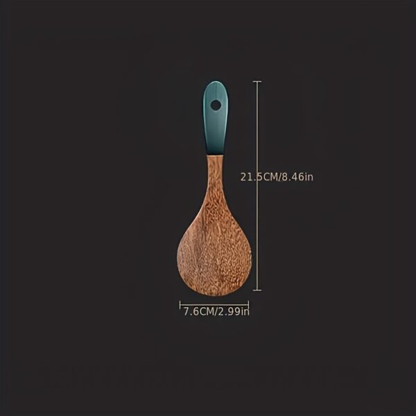 Premium Wenge wood kitchen utensils set, solid and slotted spatulas with green handles, mahogany wooden rice spoon set.