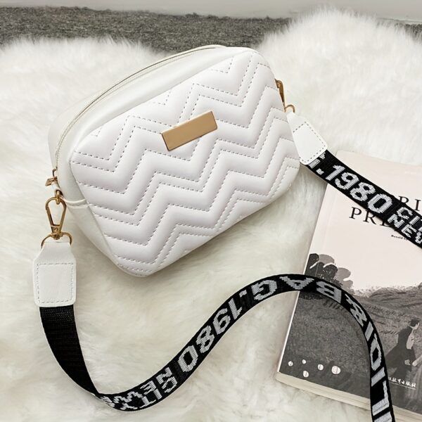 1pc Wave Pattern Crossbody Bag, Faux Leather Messenger Bag with Removable Strap, Zipper Closure, Stripe Design, Available in White, Black, Khaki.