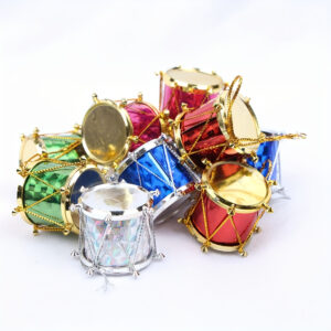 12 festive Christmas drum ornaments in mixed colors, perfect for decorating a holiday tree.